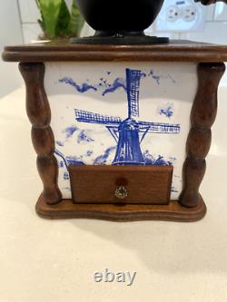 Vintage Coffee Grinder Ceramic and Wood Dutch Windmill Design Blue And White