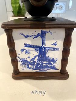 Vintage Coffee Grinder Ceramic and Wood Dutch Windmill Design Blue And White
