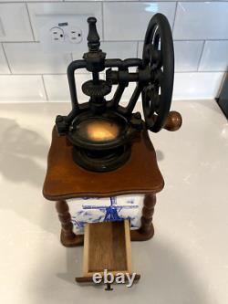 Vintage Coffee Grinder Ceramic and Wood Dutch Windmill Design Blue And White