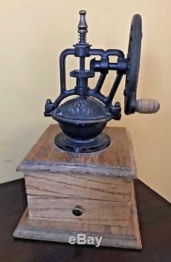 Vintage Coffee Grinder Mill Wheel Wood & Cast Iron Drawer Handcrafted Authentic