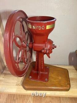 Vintage Coffee Mill Grain Grinder Antique Cast Iron Enterprise Mfg #50 RED GOLD