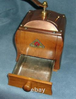 Vintage De Ve Copper Top Wooden Hand Crank Coffee Grinder Holland