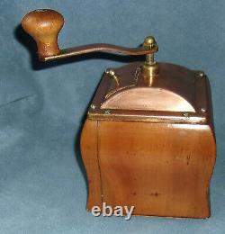 Vintage De Ve Copper Top Wooden Hand Crank Coffee Grinder Holland