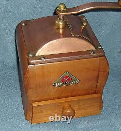 Vintage De Ve Copper Top Wooden Hand Crank Coffee Grinder Holland