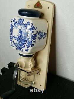 Vintage De Ve Holland BLUE DELFT Windmill Wall-Mount Coffee Grinder COMPLETE