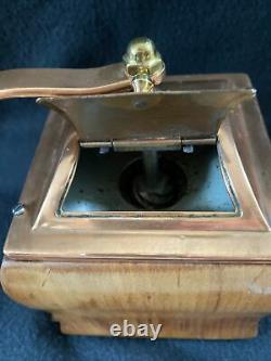 Vintage De Ve Holland Copper Top Wood Table Top Hand Crank Coffee Grinder