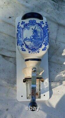 Vintage DeVe Coffee Grinder Holland Delft Porcelain Blue Wall Mount'50's Stag