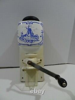 Vintage DeVe Holland Wall Mount Coffee Grinder Mill Blue Delft Windmill Complete