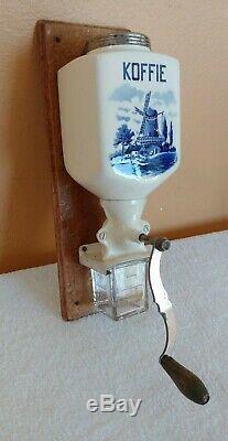 Vintage Delft Ceramic Coffee Koffie Grinder Featuring Wind Mill & Glass Catcher