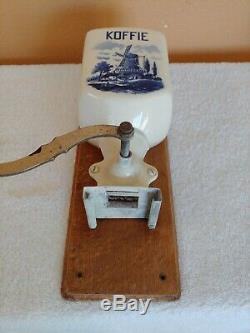 Vintage Delft Ceramic Coffee Koffie Grinder Featuring Wind Mill & Glass Catcher