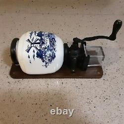 Vintage Dutch Blue Delft Wall Mount Coffee Mill Grinder with Lid