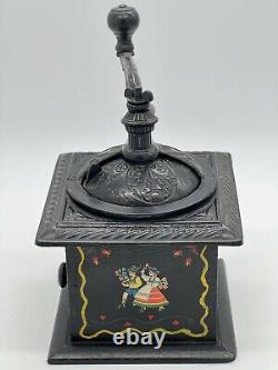 Vintage English Cast Iron and Wood Hand Painted Tole Farm Coffee Mill Grinder