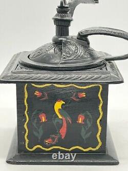 Vintage English Cast Iron and Wood Hand Painted Tole Farm Coffee Mill Grinder