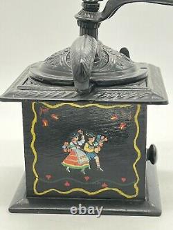 Vintage English Cast Iron and Wood Hand Painted Tole Farm Coffee Mill Grinder