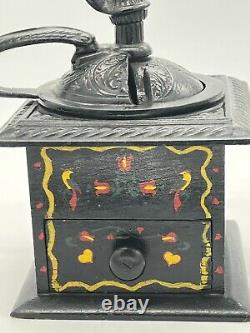 Vintage English Cast Iron and Wood Hand Painted Tole Farm Coffee Mill Grinder