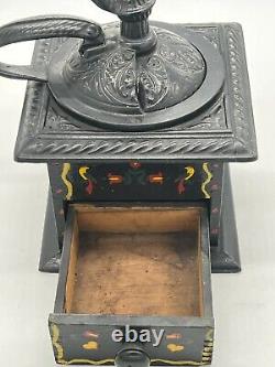 Vintage English Cast Iron and Wood Hand Painted Tole Farm Coffee Mill Grinder