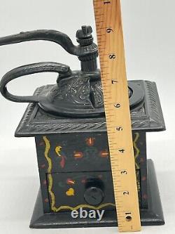 Vintage English Cast Iron and Wood Hand Painted Tole Farm Coffee Mill Grinder