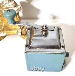 Vintage French chrome metal & blue painted wood coffee grinder signed De Ve