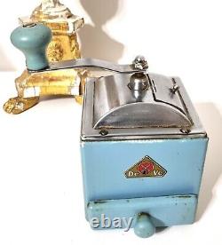 Vintage French chrome metal & blue painted wood coffee grinder signed De Ve