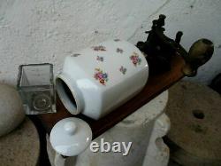 Vintage Germany Coffee Grinder Mill Iron & Porcelain Flowers Motif Wall Mount
