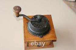 Vintage Hand Crank Cast Iron Coffee Grinder Mill Lap Original Dovetail Wood Case