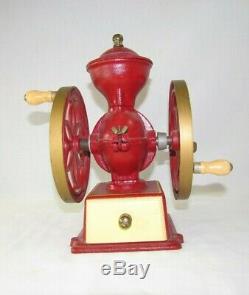 Vintage John Wright Coffee Mill Grinder Cast Iron Red And Gold (T1)