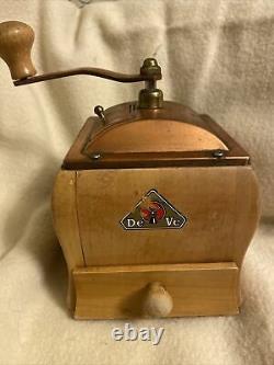 Vintage Made in Holland DeVe DE VE Wooden Wood Coffee Spice GRINDER, Copper Top