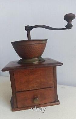 Vintage Manual Coffee Grinder Bronze, Cast Iron & Wood