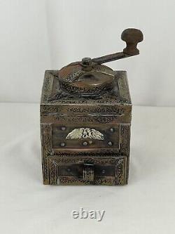 Vintage Moroccan Tamarisk Wood With Metal Embellishments Hand Crank Coffee Grinder