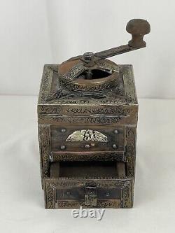 Vintage Moroccan Tamarisk Wood With Metal Embellishments Hand Crank Coffee Grinder