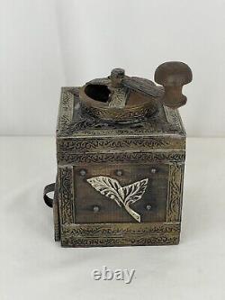 Vintage Moroccan Tamarisk Wood With Metal Embellishments Hand Crank Coffee Grinder