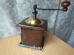 Vintage OLD wooden Table Box Coffee mill Grinder ANTIQUE MODEL Bronze