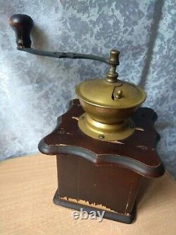 Vintage OLD wooden Table Box Coffee mill Grinder ANTIQUE MODEL bronze