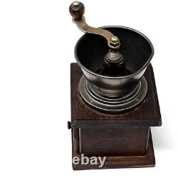 Vintage, Old Retro Coffee Grinder Hand Mill, Metal, Wood Base, Collectible