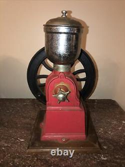 Vintage Original ELMA Red Cast-Iron Hand Crank Coffee Grinder