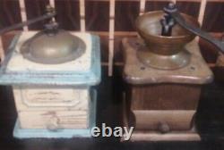 Vintage Pair of Coffee Bean Grinders-Country kitchen Decor Metal Brass Wood