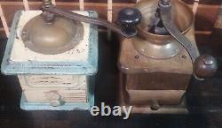 Vintage Pair of Coffee Bean Grinders-Country kitchen Decor Metal Brass Wood