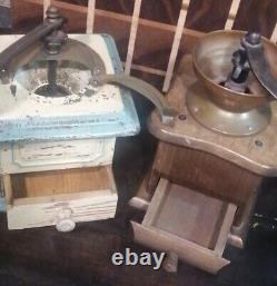 Vintage Pair of Coffee Bean Grinders-Country kitchen Decor Metal Brass Wood