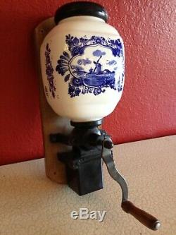 Vintage Porcelain Coffee Grinder Deft Blue Wall Mount Very Nice Piece