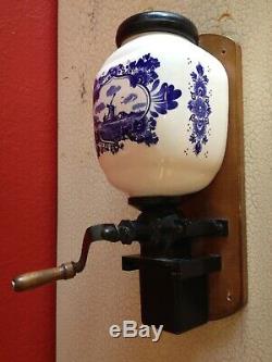 Vintage Porcelain Coffee Grinder Deft Blue Wall Mount Very Nice Piece