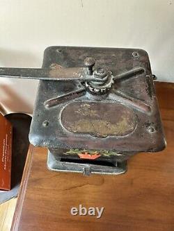 Vintage Primitive Antique Tin Coffee Mill Grinder Hand Painted