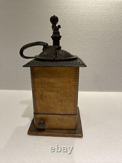 Vintage Primitive Early American Coffee MILL Grinder Wood Cast Iron Handle Guc