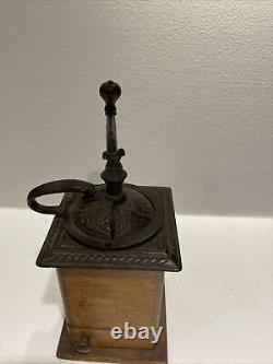 Vintage Primitive Early American Coffee MILL Grinder Wood Cast Iron Handle Guc
