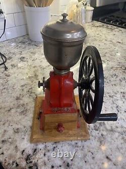 Vintage Red Cast Iron One Wheel Hand Crank Coffee Grinder (Item #134)