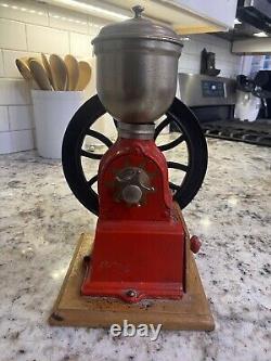 Vintage Red Cast Iron One Wheel Hand Crank Coffee Grinder (Item #134)