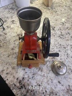 Vintage Red Cast Iron One Wheel Hand Crank Coffee Grinder (Item #134)