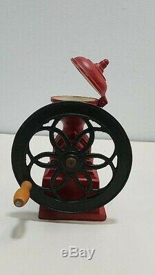 Vintage Red Cast Iron Wheel Crank Coffee Mill Grinder, Japan, excellent