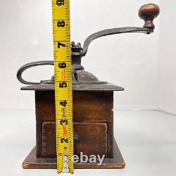Vintage Wood Cast Iron Coffee Grinder Hand Crank Box Dovetail Drawer Antique EUC