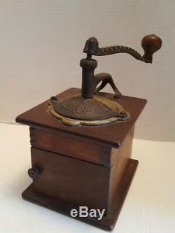 Vintage Wood & Metal Antique Hand Crank Coffee Grinder WithOrg. Tin & Wood Cup