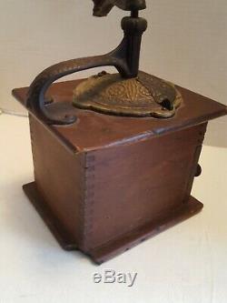 Vintage Wood & Metal Antique Hand Crank Coffee Grinder WithOrg. Tin & Wood Cup